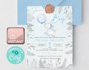 Invitation Baby Boy Editable Printable, Baby Shower its a boy, Invitation Boy Elephant Etsy, Invitation boy baby elephant DIY, Blue Balloon