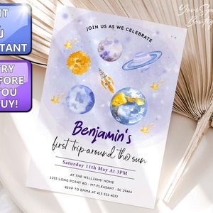 Outer Space First Birthday Invitation Galaxy Blast Off First Trip Around the Sun Download Printable Template Digital Editable