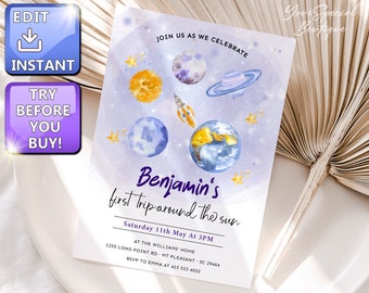 Outer Space First Birthday Invitation Galaxy Blast Off First Trip Around the Sun Download Printable Template Digital Editable