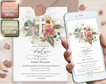 May include: A white baptism invitation with a watercolor floral design featuring a cross and pink flowers. The text reads "Please join us for the baptism of our daughter Emma William Deermeadows Church, Jacksonville Saturday, October 22, 2024, 11:00am 700 W Danly St, Florida, FL 32256 Followed by a light luncheon at Hotel Premier, FL 32256, United States Reply to Martha by October 10th email@gmail.com or (000)-500-0000"