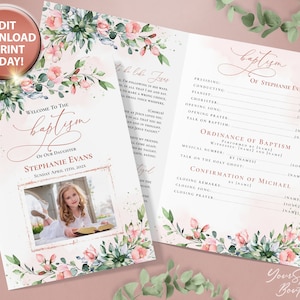 LDS Baptism Program, Printable Baptism Program Rose gold Watercolor, Boho Calligraphy, Editable Template Girl Baptism Digital Download 004