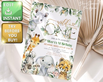 Safari Animal Birthday Invitation Greenery, Wild one invite, Jungle Birthday Invitation, Zoo Animal Birthday Invitation Gold Jungle Animals