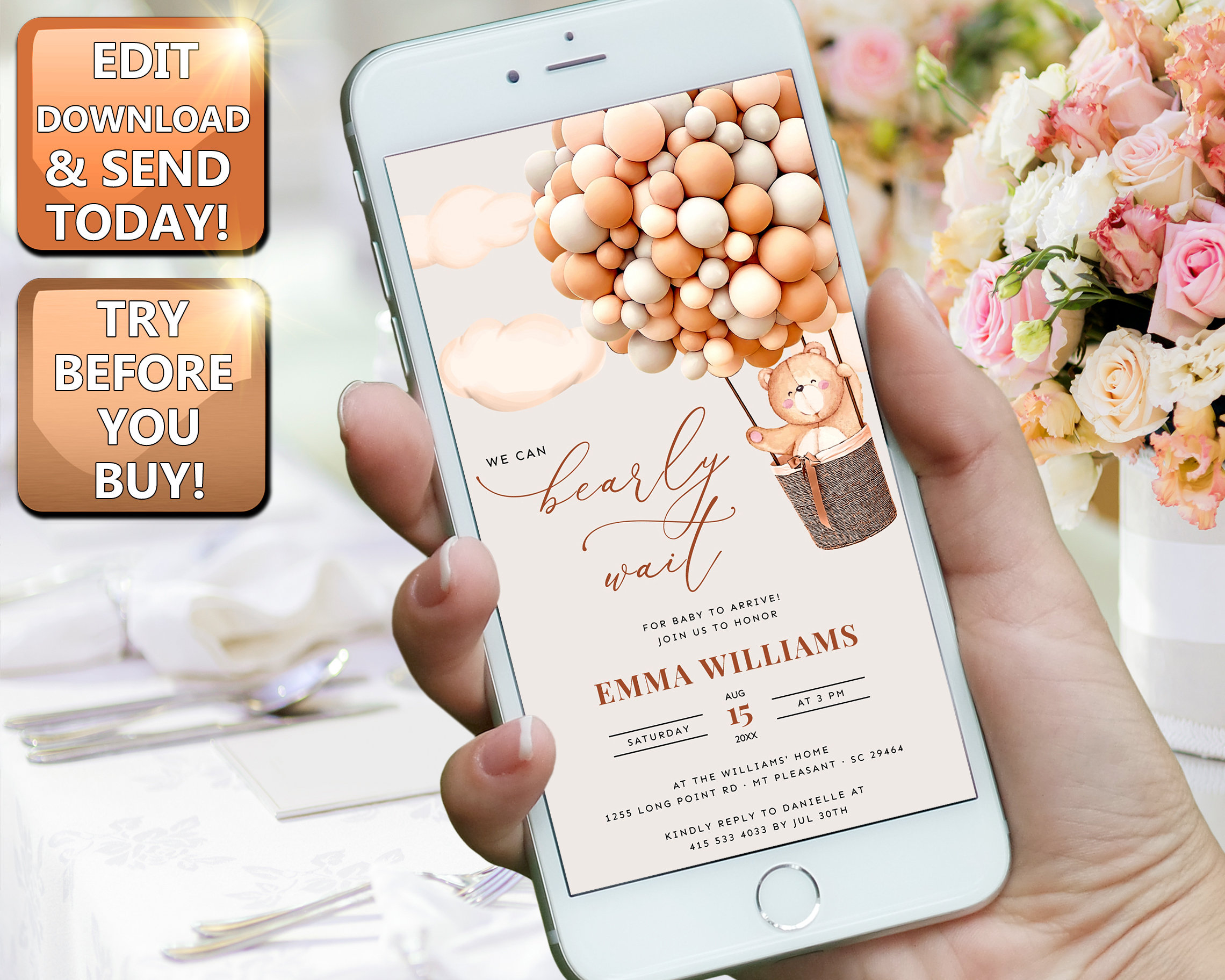 Baby Shower Electronic Invite, Evite Template, Invitation Bear Balloons ...