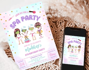 Editable Spa Invitation, Spa Birthday invite Manicures Pedicures, Slumber party birthday invite purple, girl Spa tween teen glow digital 084