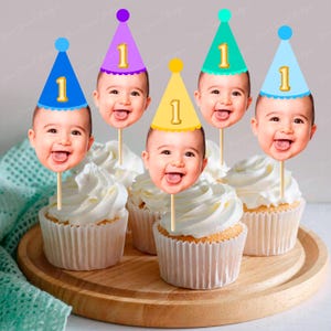 Custom personalized cupcake photo toppers boy, face topper picks, cupcake birthday hats, anniversary, baby any age people, pets digital file