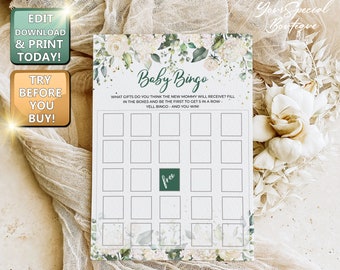 Shower Games Baby Shower Bingo, Baby Shower Bingo, Greenery Baby Shower Games, Eucalyptus Printable Baby Shower, Instant Download