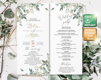 Wedding Program Greenery, Wedding Program Floral, Ceremony Program Printable, Editable Wedding Program, Program Template Modern W015
