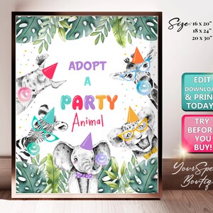 Adopt an Animal Birthday Sign Boy, Table Decor Party Animals Birthday Wild One Animals Zoo Safari Table Sign Zoo Party Jungle PRINTABLE sign