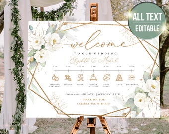 Wedding Timeline Greenery Wedding Timeline Sign Template, Wedding Day Schedule Sign, wedding timeline program, Editable, Printable  W007