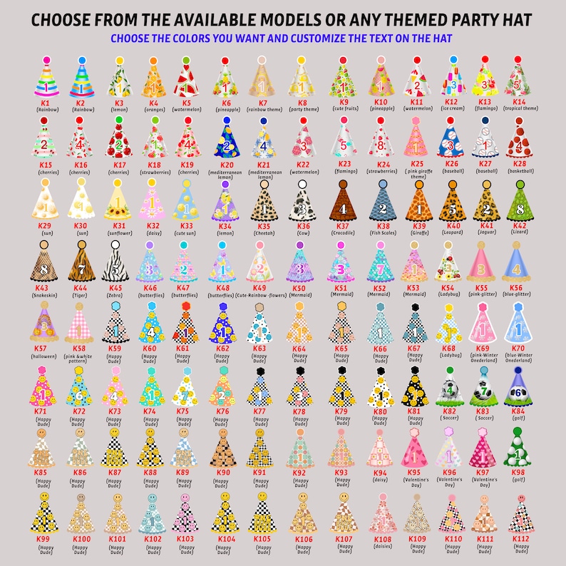 May include: A chart of 112 different party hat designs. The hats are all cone-shaped and feature various colors, patterns, and themes. Some of the themes include rainbows, watermelon, sunflowers, butterflies, mermaids, and soccer.