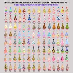 May include: A chart of 112 different party hat designs. The hats are all cone-shaped and feature various colors, patterns, and themes. Some of the themes include rainbows, watermelon, sunflowers, butterflies, mermaids, and soccer.