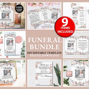 May include: A funeral bundle of printable templates with a floral design. The bundle includes 9 items, such as a memorial card, a thank you card, and a share a memory card. The templates are editable and can be downloaded digitally.
