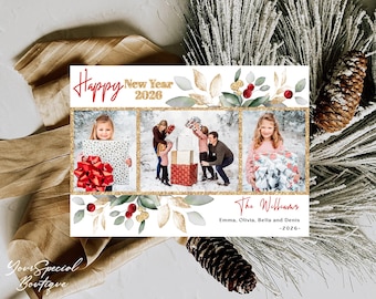 Happy New Year Photo collage, Card Gold Template,  Photo Card Family New Year Photo Cards Digital card collage photography grandparent Gifts