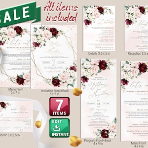 Wedding Bundle Autumn Template, Wedding Bundle Autumn Printable, Wedding Invitation Set Greenery Burgundy, Editable, Instant Download W010