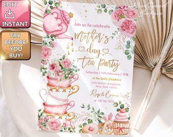 Mothers Day Tea Party Invitation Mother&#39;s Day Brunch Invite Mommy and Me Pink floral gold High tea Digital Editable Printable Download  140