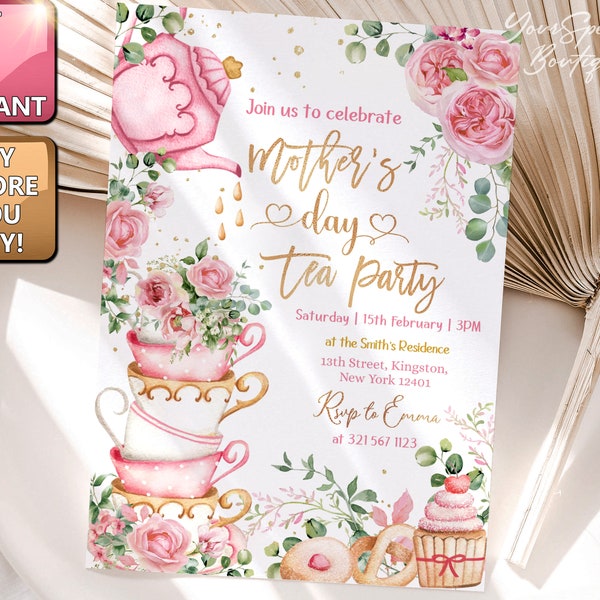 Mothers Day Tea Party Invitation Mother's Day Brunch Invite Mommy and Me Pink floral gold High tea Digital Editable Printable Download  140