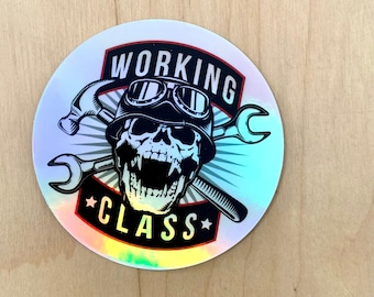 Working Class Holographic Vinyl Sticker Decal Skull Carpenter Tool box Hardhat