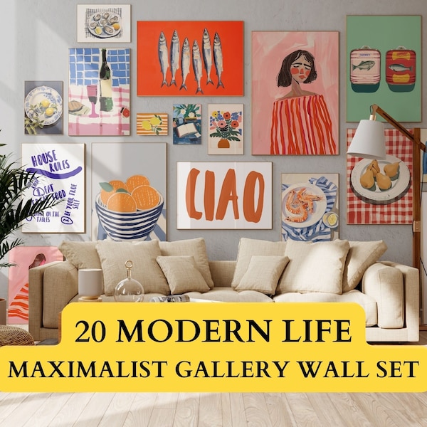 Lot de 20 décorations murales minimalistes de la vie moderne, oeuvres d'art murales, décoration d'intérieur élégante, décoration murale éclectique, téléchargement numérique