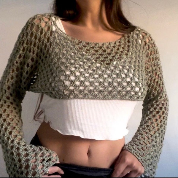 Crochet Cropped Long Sleeve Shrug Pattern, Crochet Mesh Sweater Top Pattern, crochet sleeves shrug