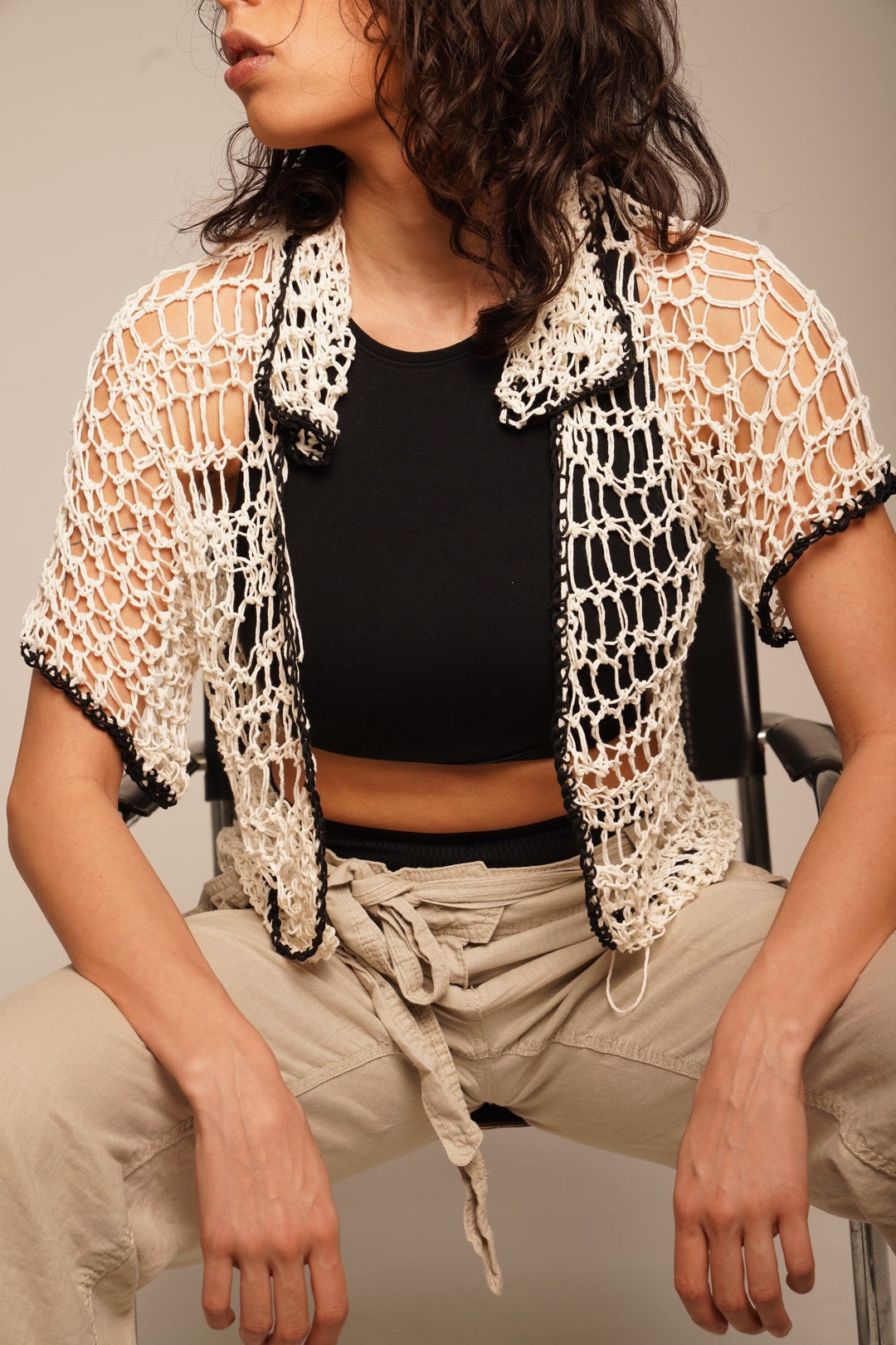 Crochet Vintage Top Crochet Mesh Sleeves Etsy