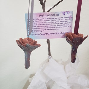 May include: Two terracotta flower ornaments with brown and pink glaze. The ornaments are hanging from a branch with a white ribbon and a burgundy ribbon. The ornaments are decorated with white and brown speckles. A card with the text "DIRECTIONS FOR USE" is visible in the background. Etsy.com/shop/TheAromaStoreCompany