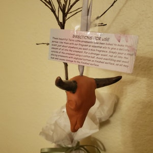 May include: Terracotta bull skull ornament with directions for use. The directions explain how to use essential oils to give the ornament a delicate scent.
