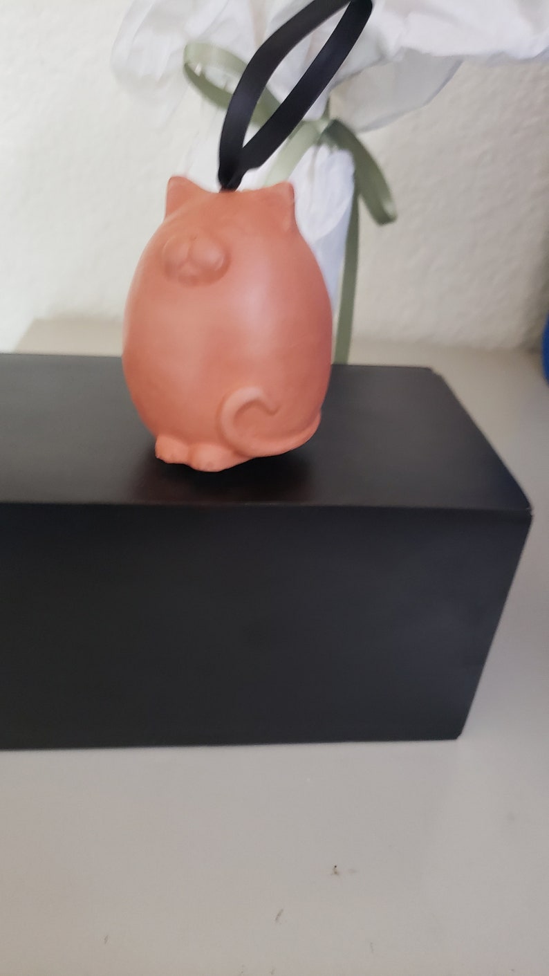 May include: A terracotta-colored ceramic ornament shaped like a cat. The ornament is hanging from a black ribbon and is sitting on a black box.