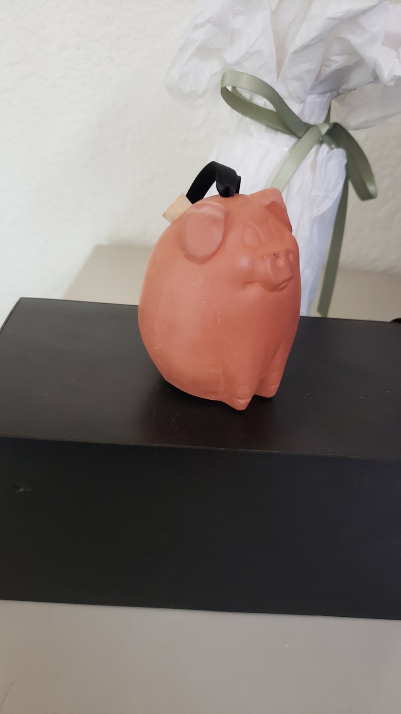 May include: A terracotta piggy bank with a black string attached to the top. The piggy bank is sitting on a black box.