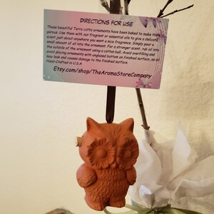 May include: Terracotta owl ornament with a cork stopper for adding essential oils. The ornament is hanging from a brown ribbon. The text on the card reads "Directions for Use" and "Etsy.com/shop/TheAromaStoreCompany".