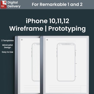 May include: Two digital templates for the Remarkable 1 and 2 e-readers. The templates are for iPhone 10, 11, and 12 wireframing and prototyping. The templates are minimalist in design and easy to use.