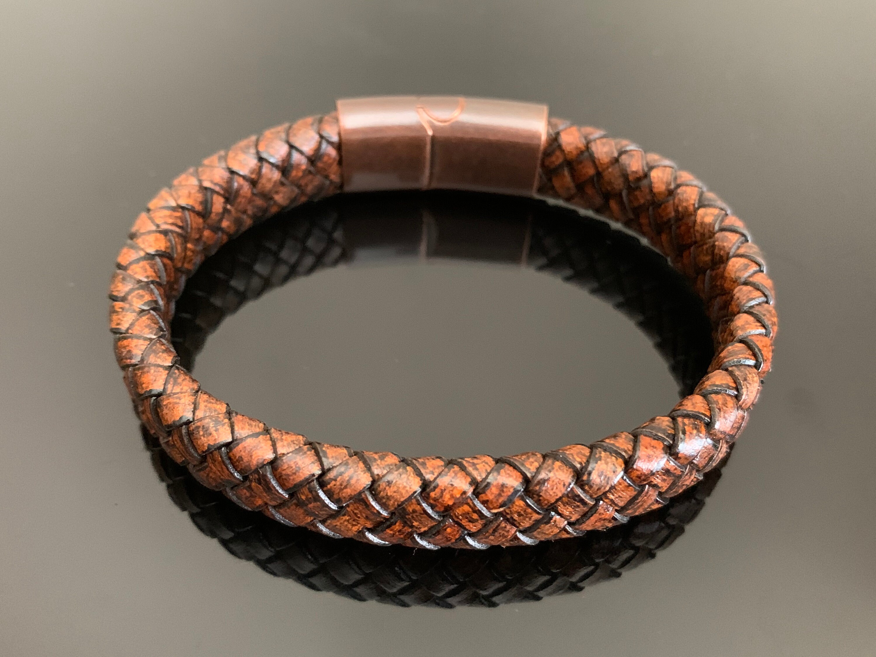 11mm Flat Woven Italian Leather Steel Clasp Engravable Bracelet - Gift for Boyfriend 8.5 Inches / Brown