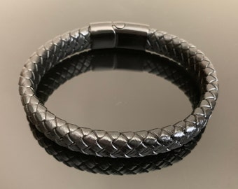 Black Italian Imported Genuine Leather Bracelet with a Stainless Steel Magnetic Clasp