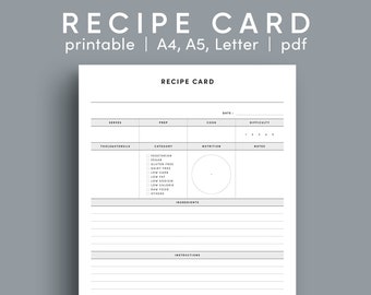 Printable Recipe Card, Food Planner (A4, A5, Letter) (PDF)