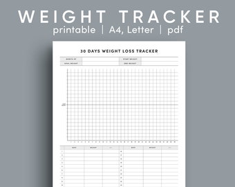 30-Day Weight Loss Tracker, Diet Planner (A4, Letter PDF)