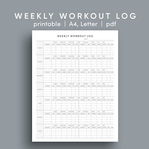 May include: A black and white printable weekly workout log template. The template includes sections for exercises, time, distance, calories, weight, reps, flexibility, heart rate, and notes.