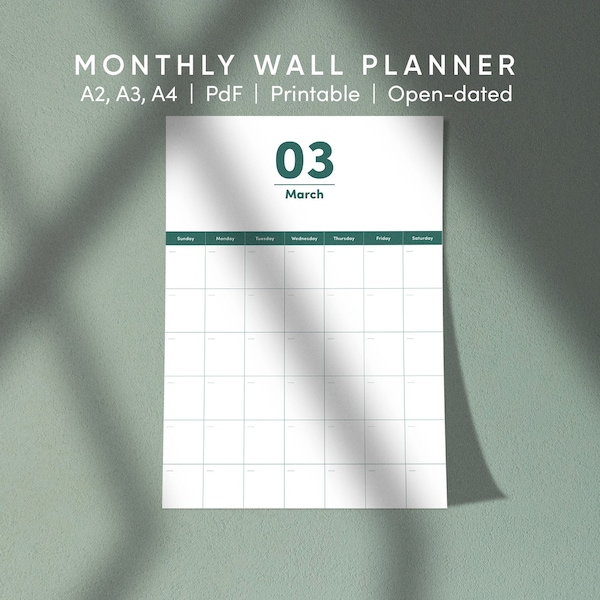 wall calendar printable, Monthly planner, Wall planner, Wall calendar, open-dated calendar,  3 sizes : A2, A3, A4, PDF, instant download