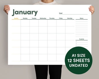 Monthly wall planner A1 size Wall calendar Wall planner Undated monthly planner 2024 wall planner 2024 calendar