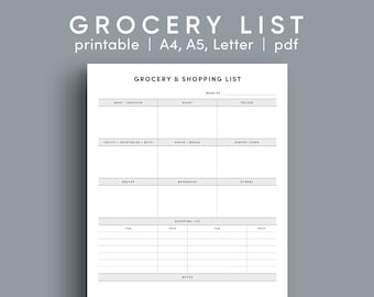 Printable Grocery Shopping List, Meal Planner (PDF)