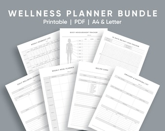 Health and Wellness Planner Bundle, Diet, Workout, Grocery List (PDF, A4/Letter)