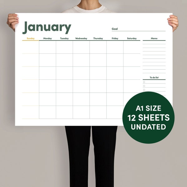 Monthly wall planner A1 size Wall calendar Wall planner Undated monthly planner 2024 wall planner 2024 calendar