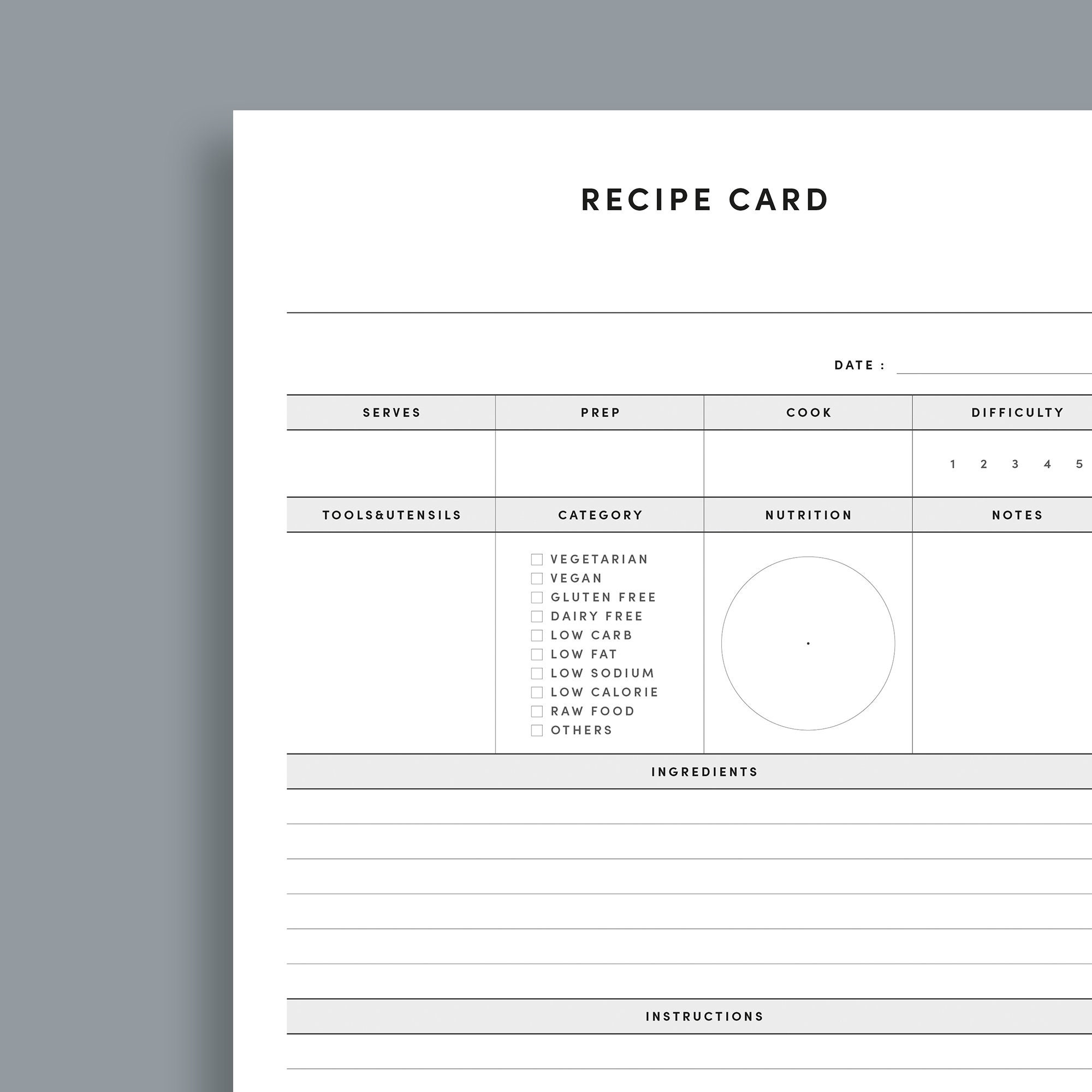 Recipe Card Printable, Printable Recipe Book, Recipe Note, Food Planner ...