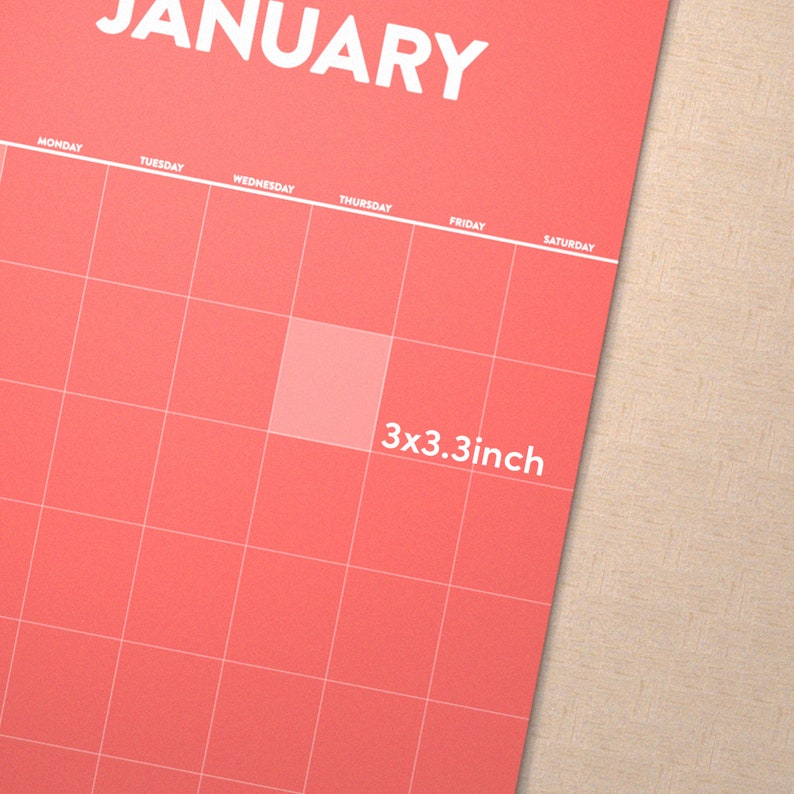 May include: A red calendar with a grid of squares. The days of the week are labeled at the top: Monday, Tuesday, Wednesday, Thursday, Friday, Saturday. The text "3x3.3inch" is written in white on the calendar.