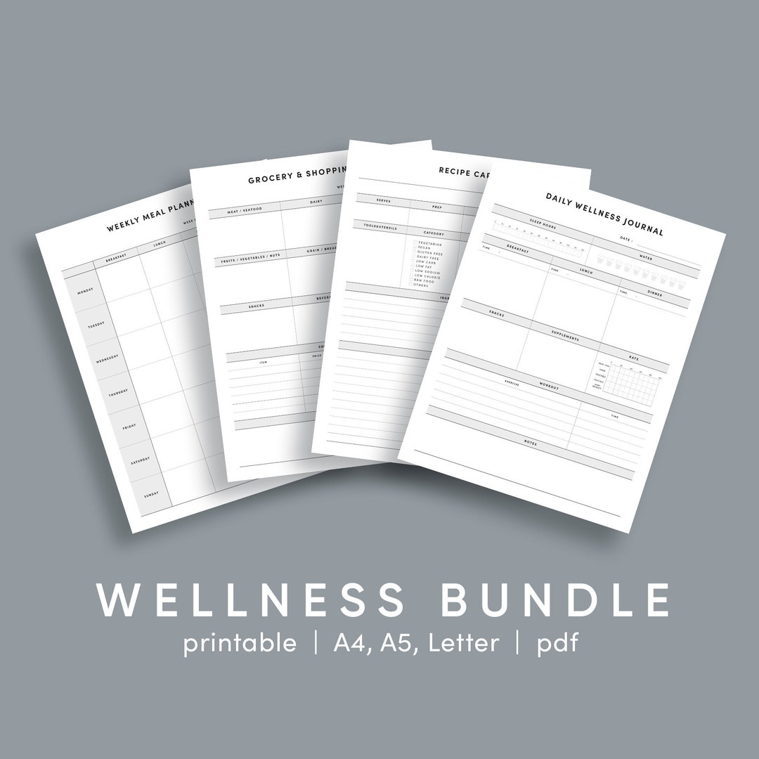 Printable Wellness Planner Bundle, Meal Planner, Recipe Card (digital ...