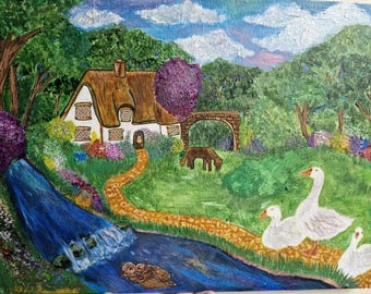 Handpainted Cottage Landscape on A3 Canvas Board