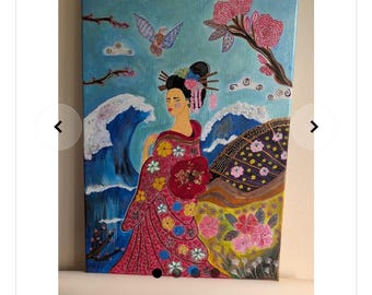 Handpainted Geisha and Waves, A3 Canvas Board
