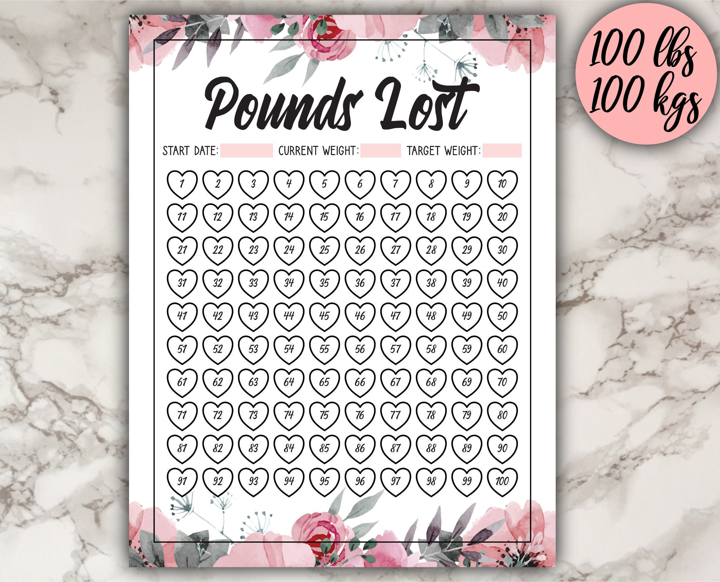 Weight Loss Tracker 100 lbs / kg Printable Weightloss | Etsy