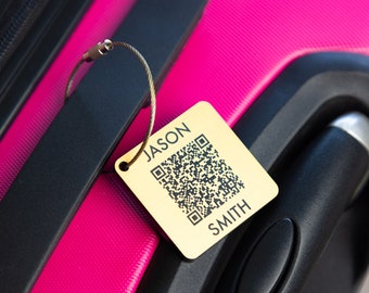 Personalised QR code Travel Luggage Tags | Holiday Engraved in Gold or Silver colours Carry Bag Personalised Christmas Valentine Gift