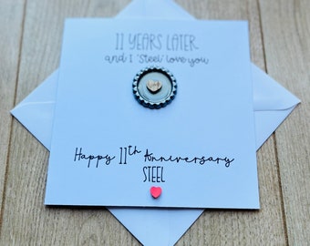 Biglietto di auguri per l'11° anniversario con tappo in acciaio per bottiglia di birra "11 Years".