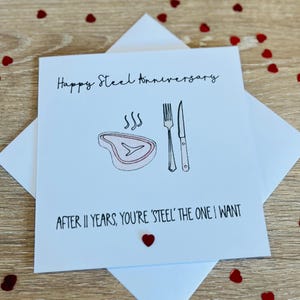 Tarjeta del 11.º aniversario de acero: boda. “Eres el acero que quiero”. Juego de palabras