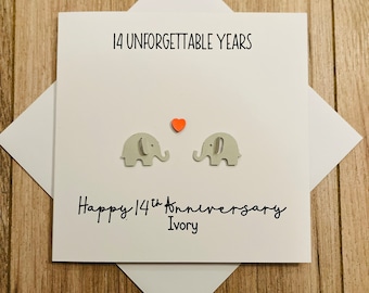 14th Ivory Wedding Anniversary card - Cute Elephant